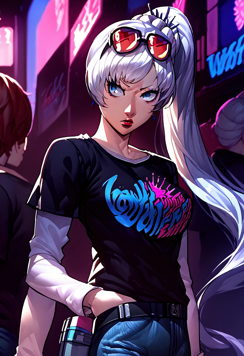 1 girl, sunglasses on head lipstick, black t-shirt, clothes writing, layered sleeves, large breasts, jeans, Weiss Schnee, white hair, side ponytail, blue eyes,