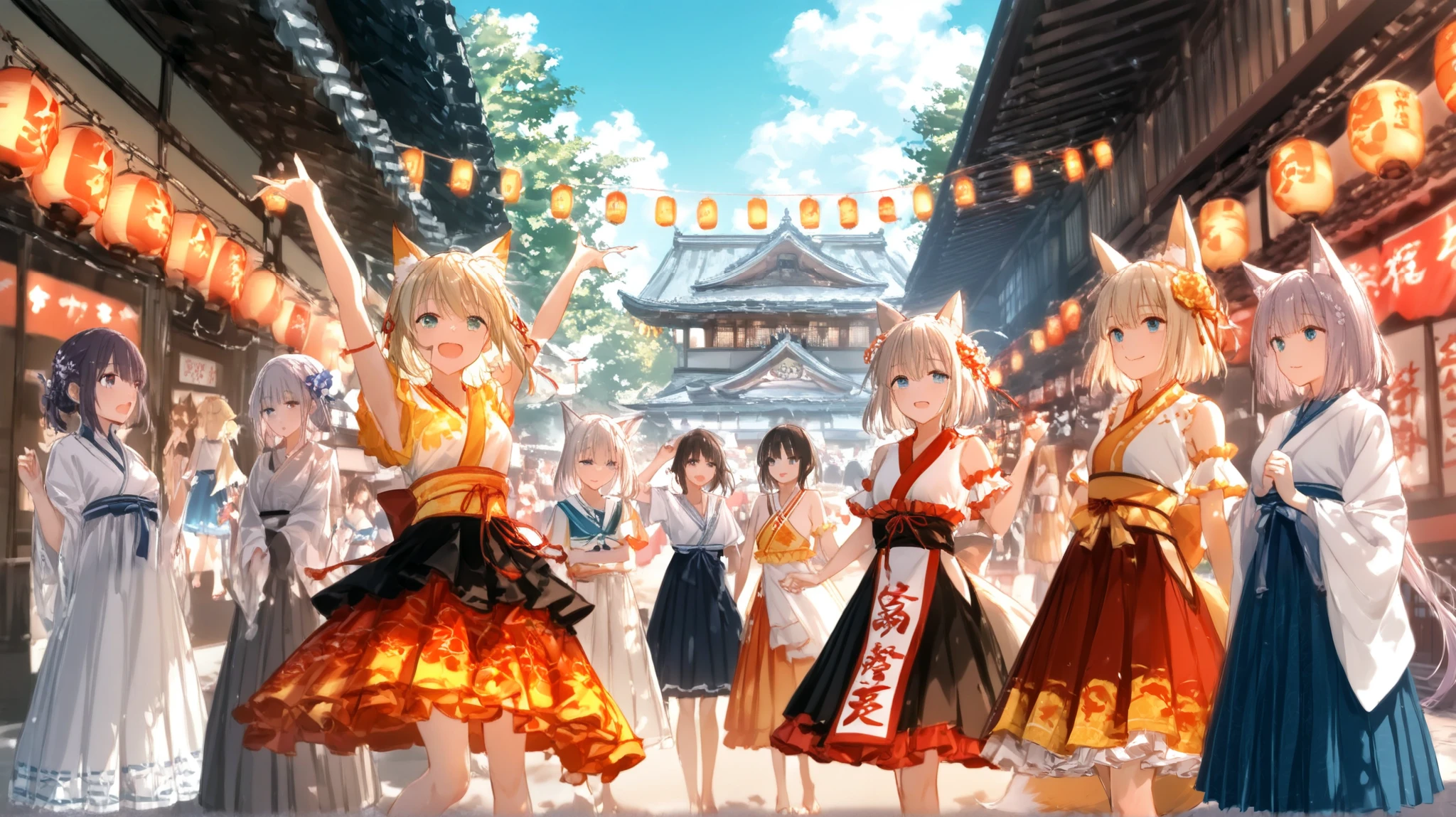 （Multiple beautiful girls with fox ears）、(４＋girls), sightseeing around Kyoto-style buildings, Japanese Kagura dance costumes, midsummer sunlight, rows of lanterns, Japanese summer festival