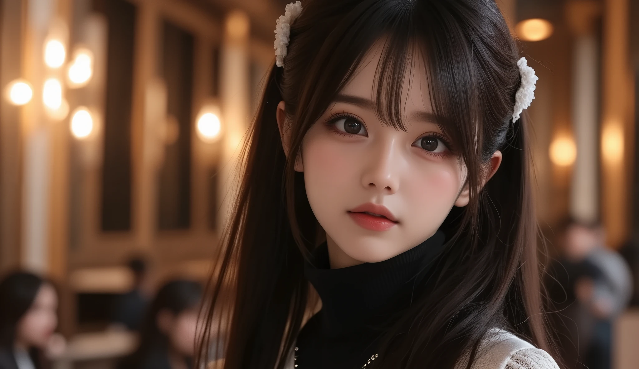 8k,   ultra high definition,  best quality , Masterpiece,rule of thirds,golden ratio, surreal,photograph, one woman,( girl :1.3), cute, cute顔, 細部まで  beautiful eyes, 細かく  Detailsに,Masterpiece,一人の girl :1.2,  Japanese Women, princess,extream close up,smile, black hair straight long,ID photo,future, luxurious and beautiful ,sunset,(( beautiful turtleneck sweater:1.5)), fancy fashion, Luxurious Decor,(BDSM Femdom),(cute girl),(Upper class woman:1.5),At dusk , Detailsな顔, charming eyes,(ポートレートphotograph:1.4),( photographのような画像 :1.4),  fantasy art,( beautiful faces:1.4),美しく charming eyes, beautiful eyes,( thin waist:1.4)、(Beautiful :1.4),  pink lips, profile,((( ideal body shape))),Small bust, A cup :2,、 portrait:2、  perfect anatomy、鮮明な  Details、  Details, thin lips,完璧で beautiful faces ,完璧で cute顔,   Detailsな肌 ,  Perfect Limbs 、  thin waist,  surreal,Light and Dark,  fashion magazine cover,backlighting