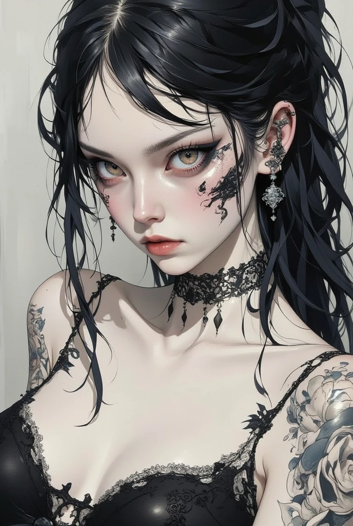  I have a picture of a woman in underwear with a tattoo on her arm,  FEMININE GOTHIC AESTHETICS  , Close up details, Detail shot,  clear details,  ARTY LOVE BLOW STYLE , Silkscreen Art,  close-up pictures , EXTRA FINE INK DETAILS ,  SILKSCREEN PRINT ,  very detailed,vulgar 