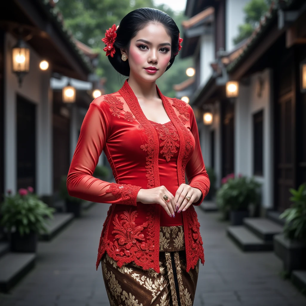 A graceful Indonesian woman gracefully in an outdoor environment. She wears a transparent bright red  kebaya with detailed floral lace and transparent long sleeves, paired with a traditional brown and gold batik skirt. Her makeup accentuates her features with pink blush, full eyebrows, and coral lips. Her black hair is tied neatly back in a bun, decorated with red flowers. The background is filled with soft focus greenery and warm ambient bokeh lights. (Full body,
Large breasts, Masterpiece, High Resolution, )