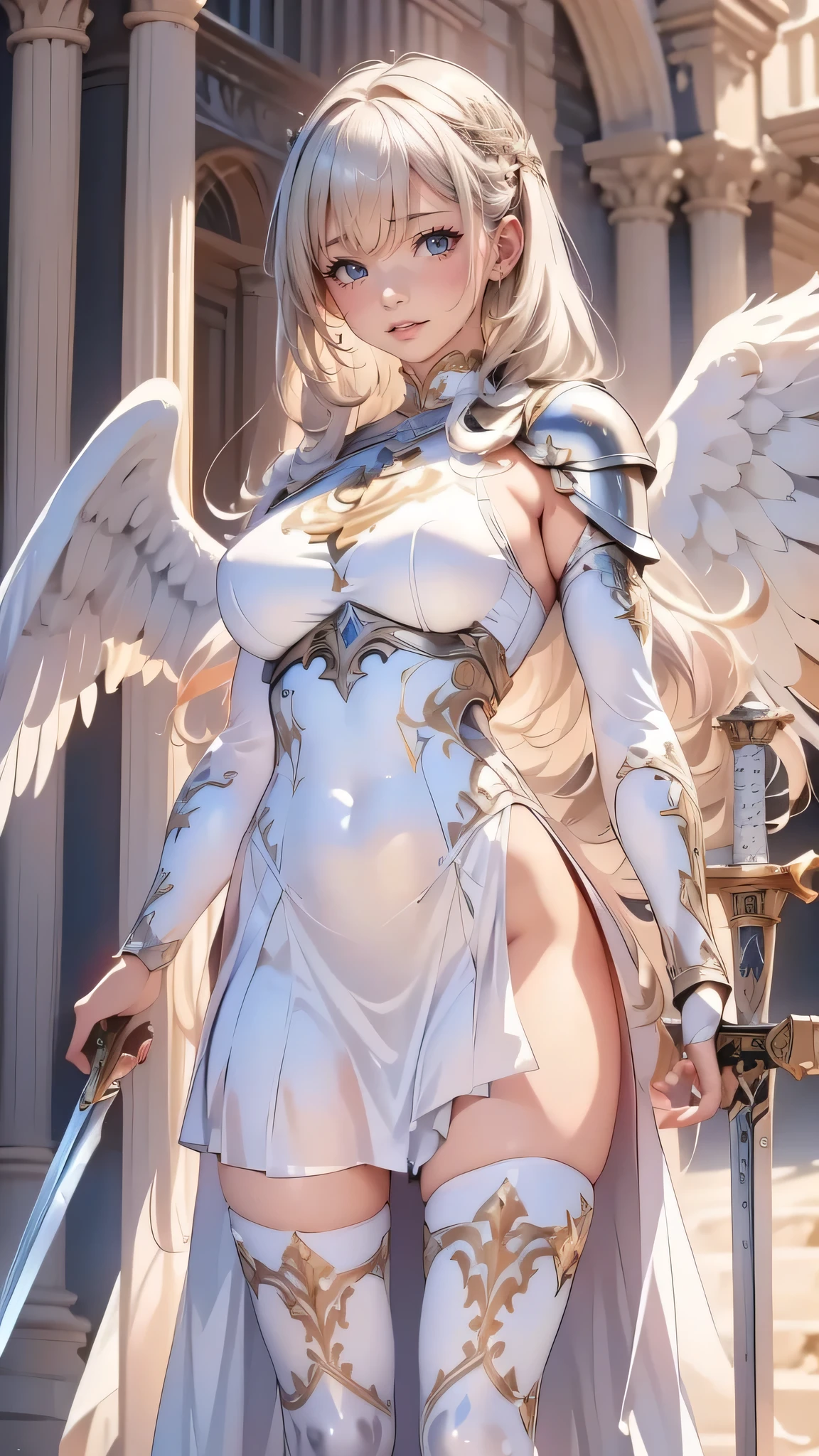 A young 15- yr old native European girl with lovely charminvg face,(pale skin texture masterpiece), (perfect full body detailed anatomy), (Super accessories detailed), (meditating ), (perfect detailed glowing bright eyes),(short illuminating silver crystalized hair),(legs wide open showing pussy line) Wearing transparent costume of an angel,holding a treasure bow & arrow, illuminating different lights covers the sorrounding atmosphere Has beautiful large white wings, The character solemnly praying