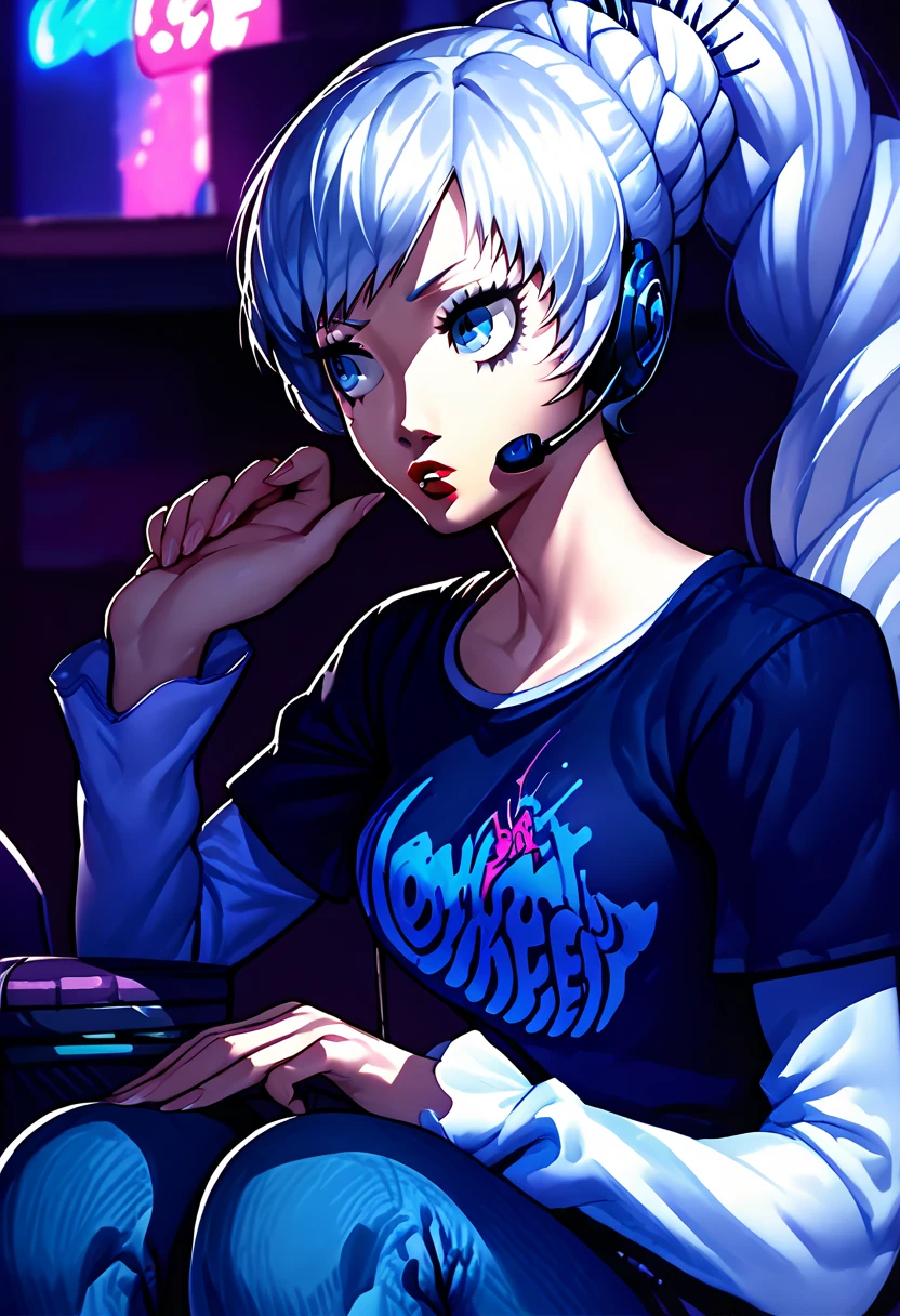 1 girl, headset, lipstick, black t-shirt, clothes writing, layered sleeves, large breasts, jeans, Weiss Schnee, white hair, side ponytail, blue eyes,