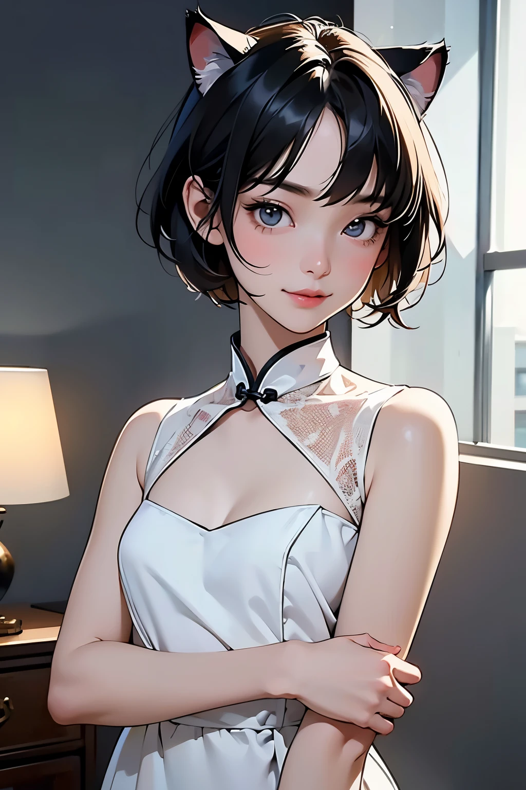 ( best quality , Masterpiece, high definition)、4K Anime Art、( one girl)、(whole body:1.4)、 ( depicts cute faces in detail)、 black hair、 short hair 、 semi-long 、 bob cut、 hair bang、 hair ornament、(Cat ears)、( china dress in hin:1.2)、セクシーなミニ china dress in hin、 charming smile like snow、 small breasts、Cinematic Light、Soft light、(indoor、dim、lamp)、( simple background)、((blank background))、