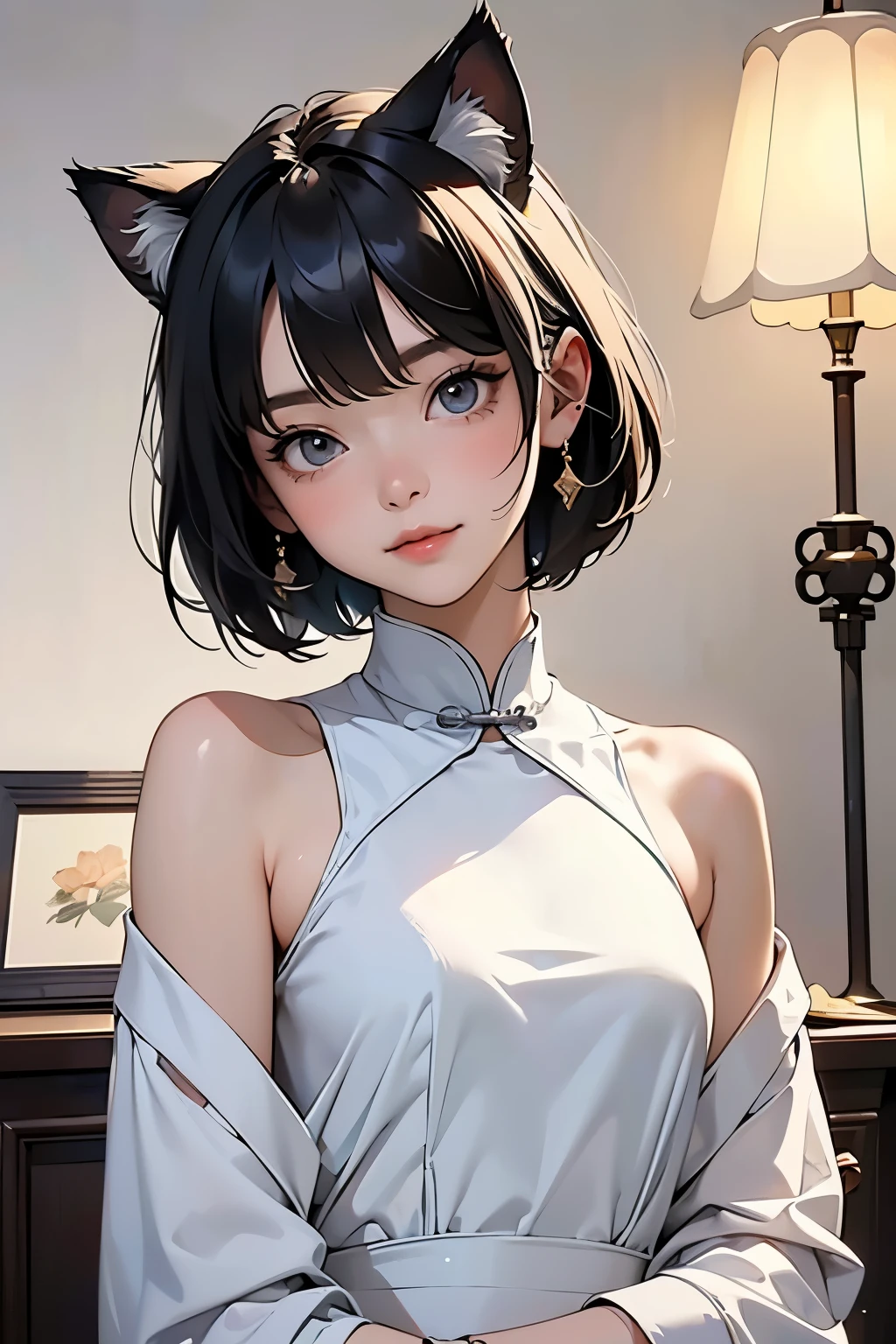 ( best quality , Masterpiece, high definition)、4K Anime Art、( one girl)、(whole body:1.4)、 ( depicts cute faces in detail)、 black hair、 short hair 、 semi-long 、 bob cut、 hair bang、 hair ornament、(Cat ears)、( china dress in hin:1.2)、セクシーなミニ china dress in hin、 charming smile like snow、 small breasts、Cinematic Light、Soft light、(indoor、dim、lamp)、( simple background)、((blank background))、