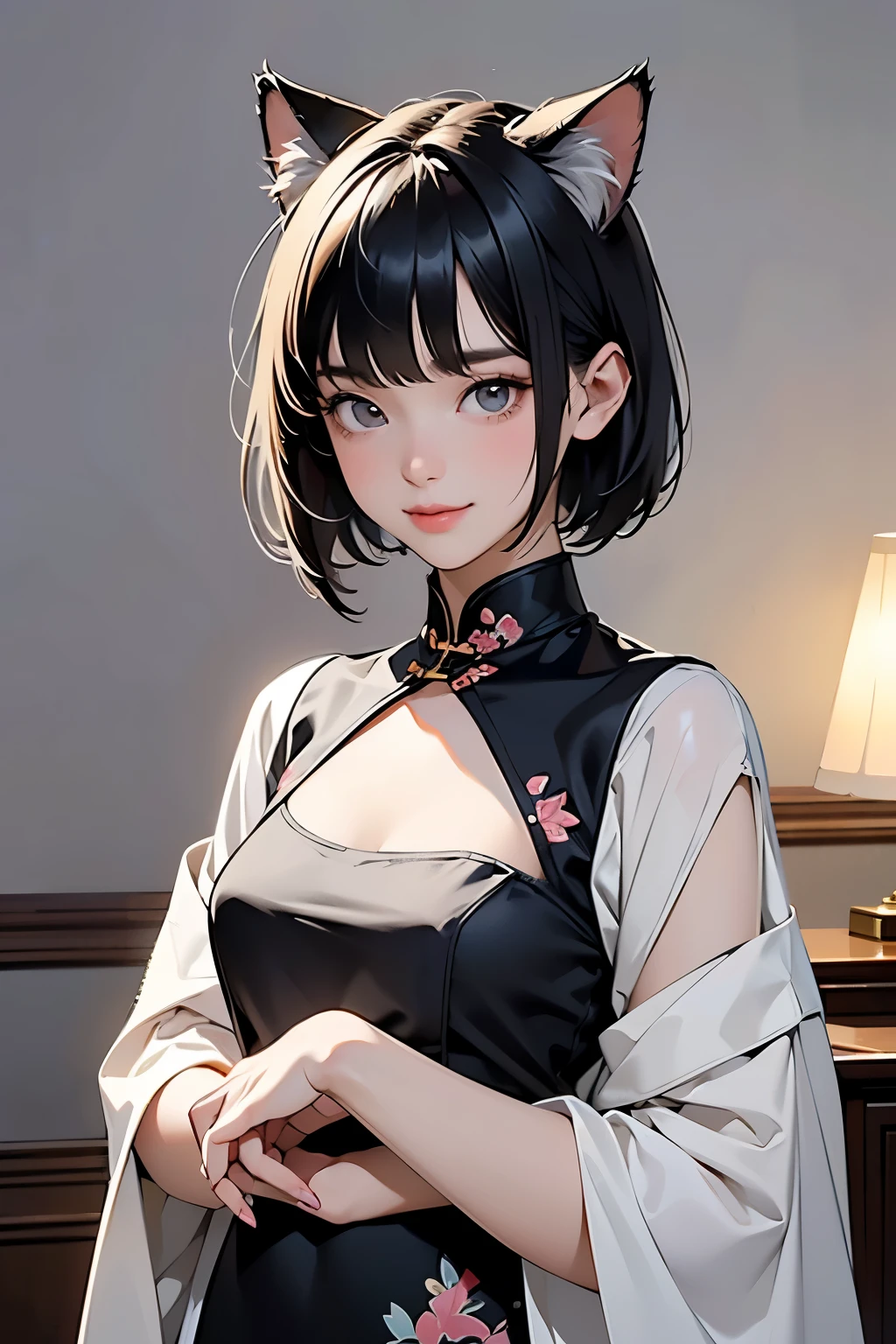 ( best quality , Masterpiece, high definition)、4K Anime Art、( one girl)、(whole body:1.4)、 ( depicts cute faces in detail)、 black hair、 short hair 、 semi-long 、 bob cut、 hair bang、 hair ornament、(Cat ears)、( china dress in hin:1.2)、セクシーなミニ china dress in hin、 charming smile like snow、 small breasts、Cinematic Light、Soft light、(indoor、dim、lamp)、( simple background)、((blank background))、