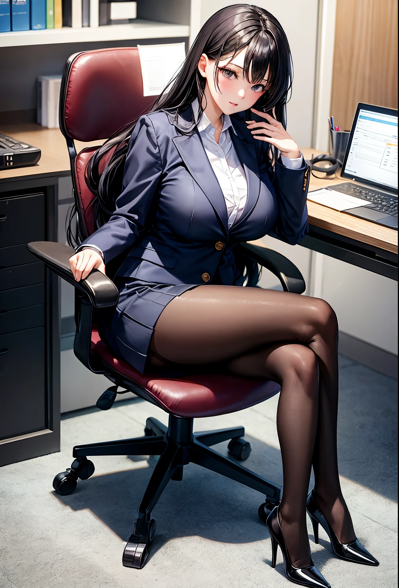 Beauty、Big Breasts、Style Batsugun、Nice body、Black Hair、Long Hair、business suit、skirt、pantyhose、office、Sitting、The whole body is visible、machine