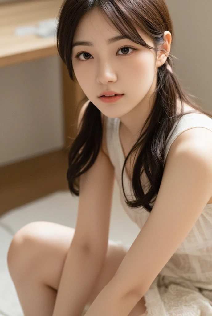 (8k, Top quality, Masterpiece:1.2), (Realistic, photo-realistic:1.37), Super detailed, perfect anatomy, cute, small eyes, 18 years old, a Japanese, girl, stockings, blunt bangs,