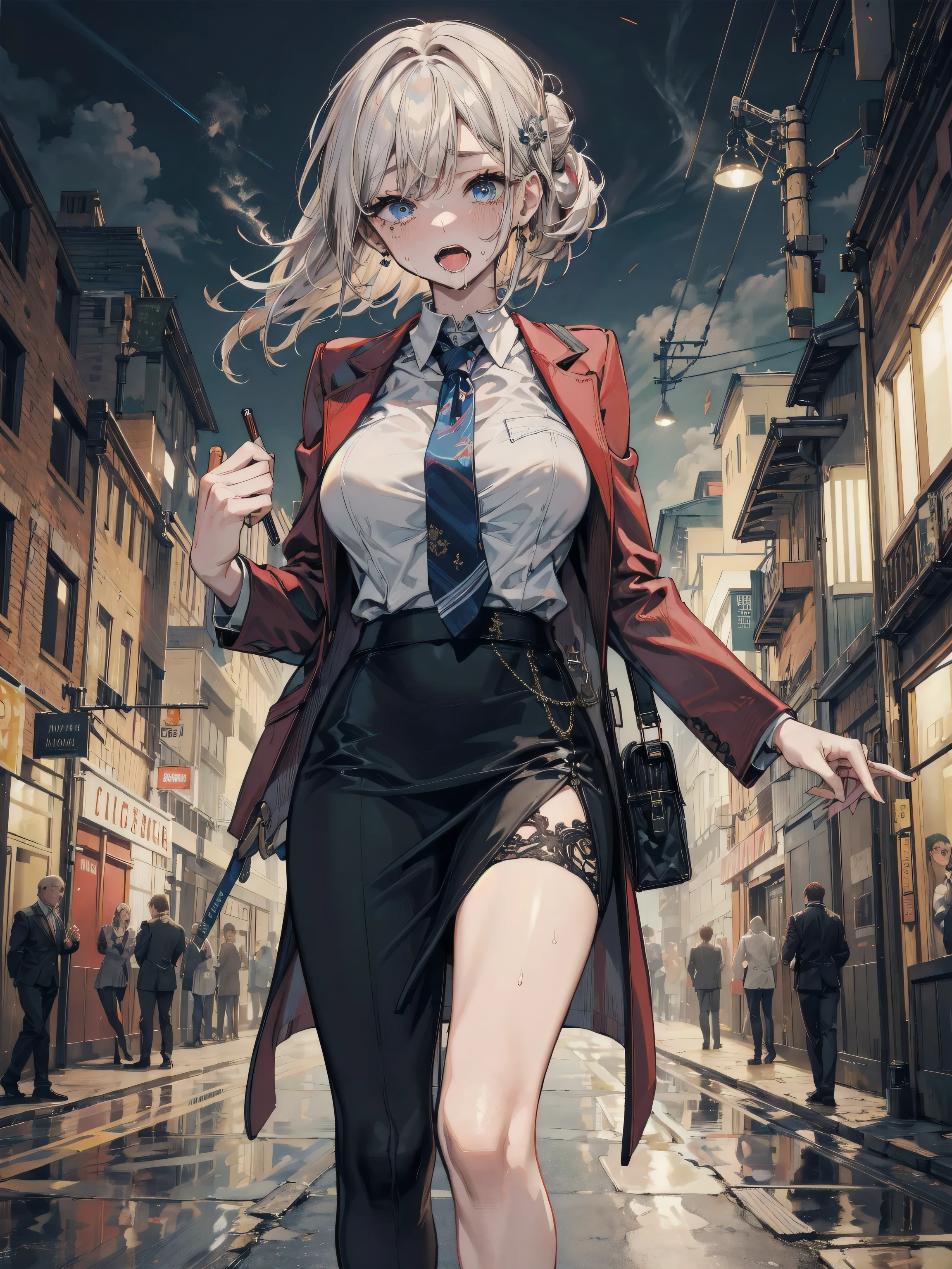 best quality, masterpiece, 1girl, Beautiful face, (photo realistic:1.3), rim lighting, (high detailed skin:1.2), 8k uhd, dslr, high quality, high resolution, 4k, 8k, Bokeh, absurdres, best ratio four finger and one thumb, (realistic:1.3), cute 1girl, wearing black formal blazer, medium breasts, short skirt,