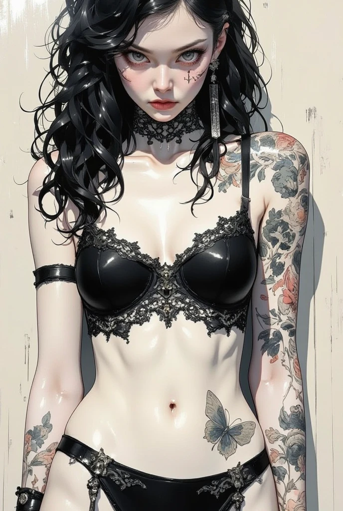  I have a picture of a woman in underwear with a tattoo on her arm,  FEMININE GOTHIC AESTHETICS  , Close up details, Detail shot,  clear details,  ARTY LOVE BLOW STYLE , Silkscreen Art,  close-up pictures , EXTRA FINE INK DETAILS ,  SILKSCREEN PRINT ,  very detailed,vulgar 