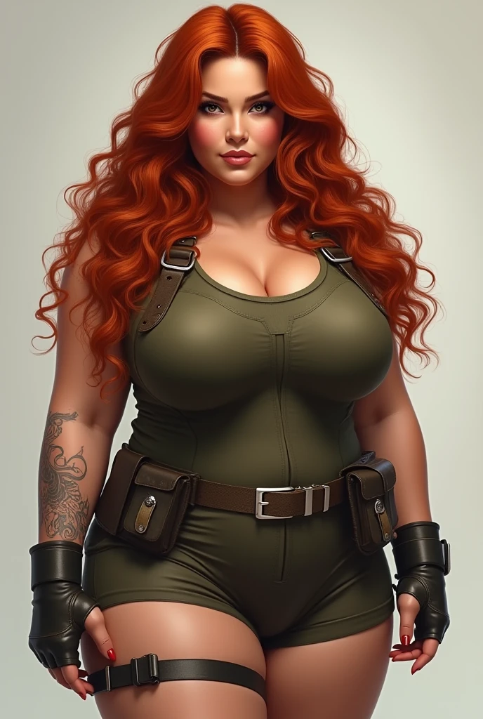 Sexy red hair chubby girl with tattoos in war uniform, war back ground and the girl is holding a rifle