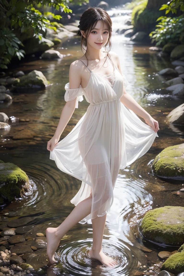Sweet girl clothes8,(gem:1.3), stlouis,(Enrich the picture,Masterpiece quality)Beautiful 8K CG artwork,Goddess-like pose,sittinng on the river,Postural exercises,Thin and soft,Translucent skin,curlies, Brown hair long, The skin is fair and juicy,Perspective Part 1.2x enhanced contour effect,Intricate and exquisite details,The background is a bit blurry,Charming and sexy legs,Japan goddess,Perfect body slim curves,scene in river, Get wet all over your body