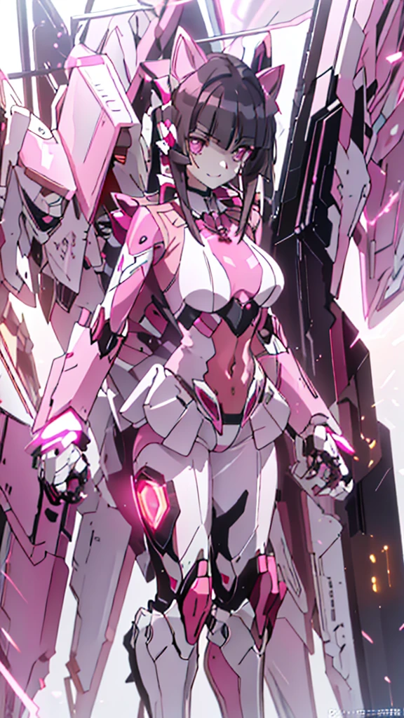 Gundam girl,mecha,
(((White background:1.4))),(whole body:1.6),(Nature illustration spring:1, Art Book，Art Books:1.3, quilt art:1.2),( Reasonable design, clear lines, High Definition,best quality, Very detailed, Movie lighting effects, 4K ),(Mecha suit:1.5),(Cool illustration:1.5),(watercolor painting:1.2),(1girl:1.0),girl,Black and pink pattern, fantasy, detailed picture,Cool smile,Cruel beauty,Gem-like pink eyes, Very beautiful eyes, The face is rich in detail, pink energy,(Glow pink: 1.5),Standing picture，Cool look,Glowing pink between my breasts,Tail binder on the side of the head,Tail binder,twin Tails binder
(gigantic breasts:1.2),(silver glowing mechanical wing),(heavy armor on shoulders),
tsukuyomi shirabe:0.6,pink eyes,black hair,blunt bangs,twintails,pink mecha ribbon,