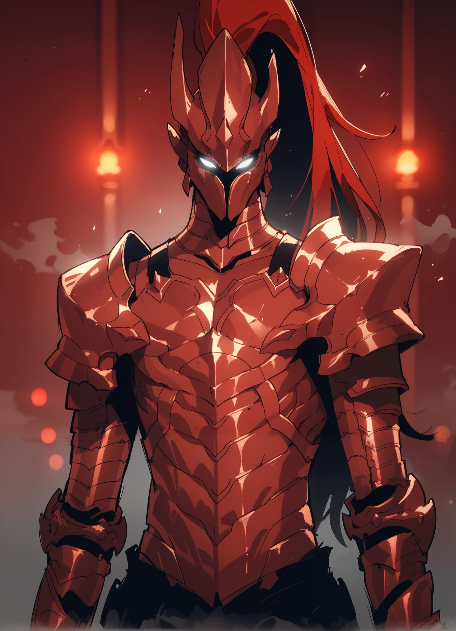 score_9, score_8_up, score_7_up, source_anime, sketch,score_6,monochrome, glitch, standing, lights,blurred background, (fog:1.2),black,red background, solo ,1boy, blood_igris, glowing, white eyes, helmet, armor, dungeon,
