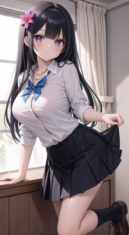 (hyperrealistic), (8K), (extremely detailed), (best illustration), (beautiful detailed eyes), (best quality), (ultra-detailed), (masterpiece), (wallpaper), (detailed face), solo, 1 girl, one-hour drawing challenge, wet sweat, (school uniform:1.3), looking at the audience, exquisite details, detailed faces, ,pureerosfaceace_ v1, a woman long hair, mature, big breast, wearing crop top and hot pant, at the night bar