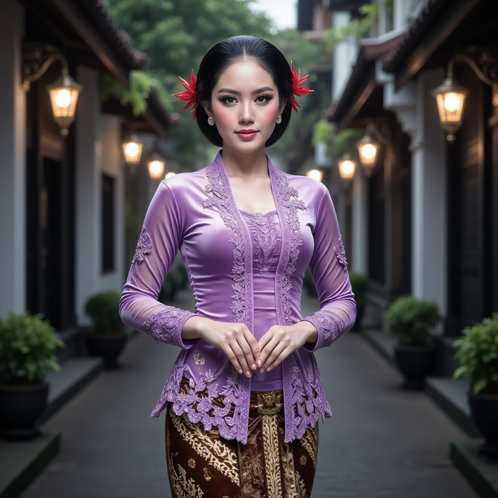 A graceful Indonesian woman gracefully in an outdoor environment. She wears a transparent purple   kebaya with detailed floral lace and transparent long sleeves, paired with a traditional brown and gold batik skirt. Her makeup accentuates her features with pink blush, full eyebrows, and coral lips. Her black hair is tied neatly back in a bun, decorated with red flowers. The background is filled with soft focus greenery and warm ambient bokeh lights. (Full body,
Large breasts, Masterpiece, High Resolution, )