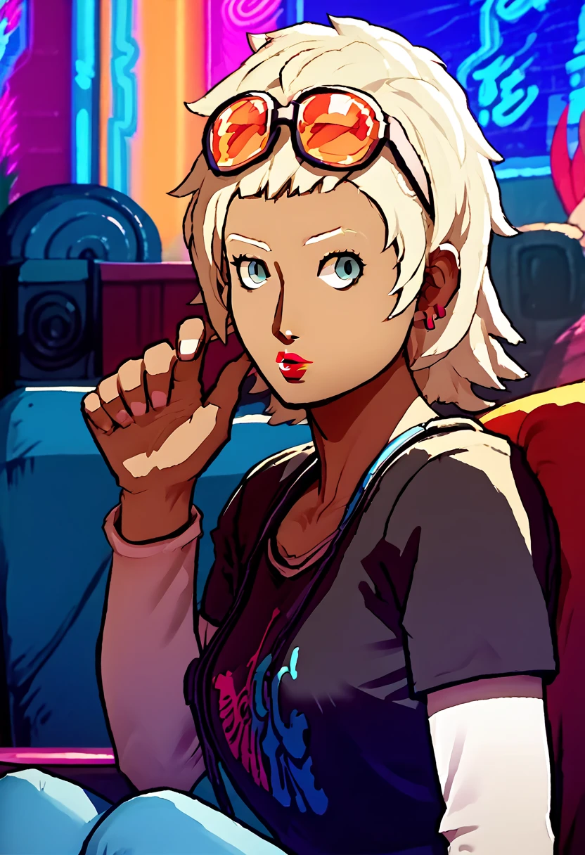 1 girl, sunglasses on head, lipstick, black t-shirt, clothes writing, layered sleeves, large breasts, jeans, Peppermint (Hi-Fi Rush), blonde hair, tanned skin