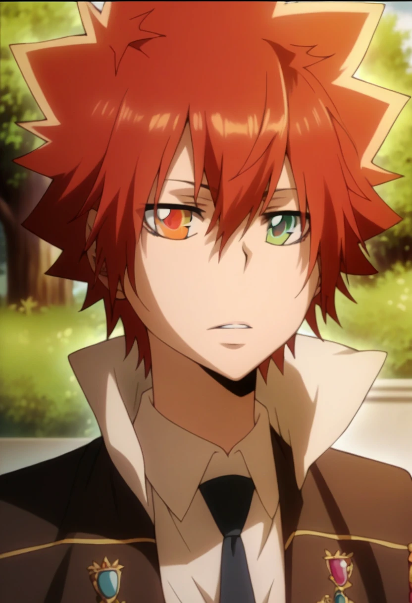 score_9, score_8_up, score_7_up, score_6_up, highly detailed, masterpiece, best quality,detailed,intricate details, amazing quality, best aesthetic, absurdres,source_anime,1 boy,tsuna_hyper,scarlet hair,heterochromia,orange eye, green eye,Long nape hair