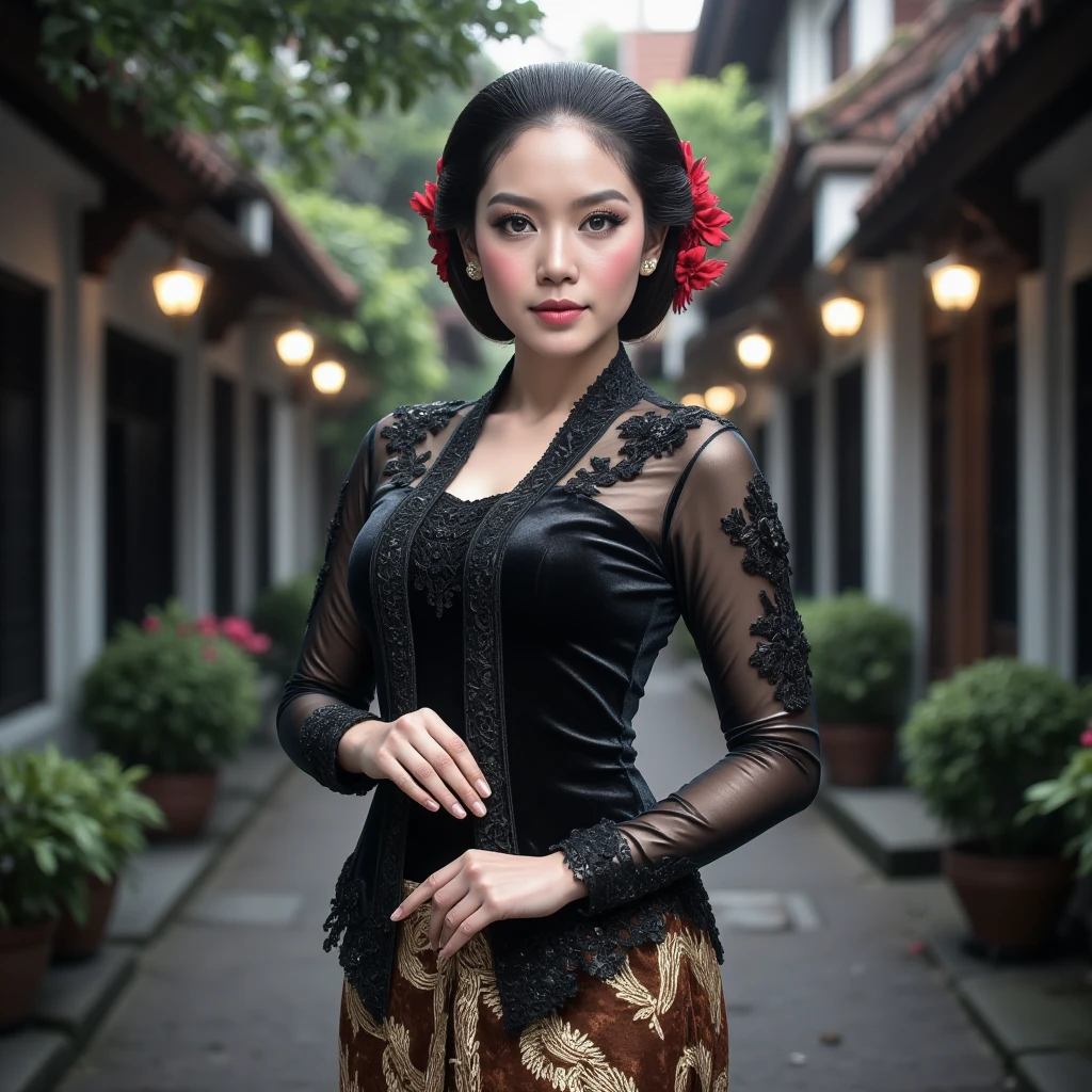 A graceful Indonesian woman gracefully in an outdoor environment. She wears a transparent black   kebaya with detailed floral lace and transparent long sleeves, paired with a traditional brown and gold batik skirt. Her makeup accentuates her features with pink blush, full eyebrows, and coral lips. Her black hair is tied neatly back in a bun, decorated with red flowers. The background is filled with soft focus greenery and warm ambient bokeh lights. (Full body,
Large breasts, Masterpiece, High Resolution, )