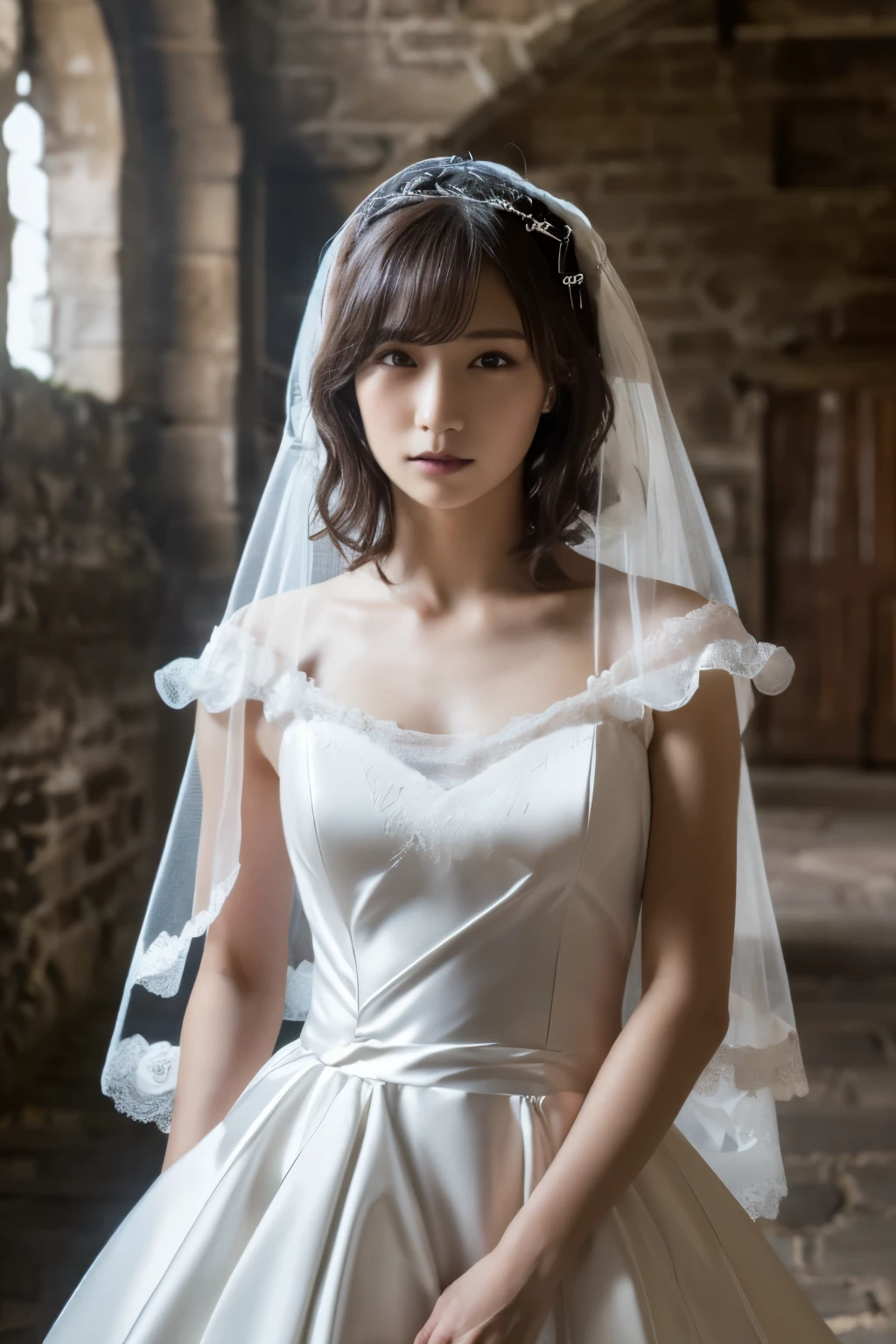 1 girl, ( wearing a gothic wedding dress :1.2), (Veil), Portrait of a very beautiful Japanese idol standing in an old Scottish castle,
( RAW photos, best quality ), ( realistic, realistic:1.4), (masterpiece),
very delicate and beautiful, very detailed, 2k wallpaper, amazing on the beach, finely, very detailed CG Unity 8K wallpaper, very detailed, high definition, Soft light,
girl with beautiful details wearing a navy blue blouse, very detailed目と顔, beautiful and sophisticated nose , beautiful beautiful eyes under the sun, movie lighting,
(Standing in an old Scottish castle:1.3), ( overcast, monotone dark screen standing in an old Scottish castle :1.3), (Thick Fog),
(Short hair), Perfect Anatomy, slender body, ( small breasts), whole body
