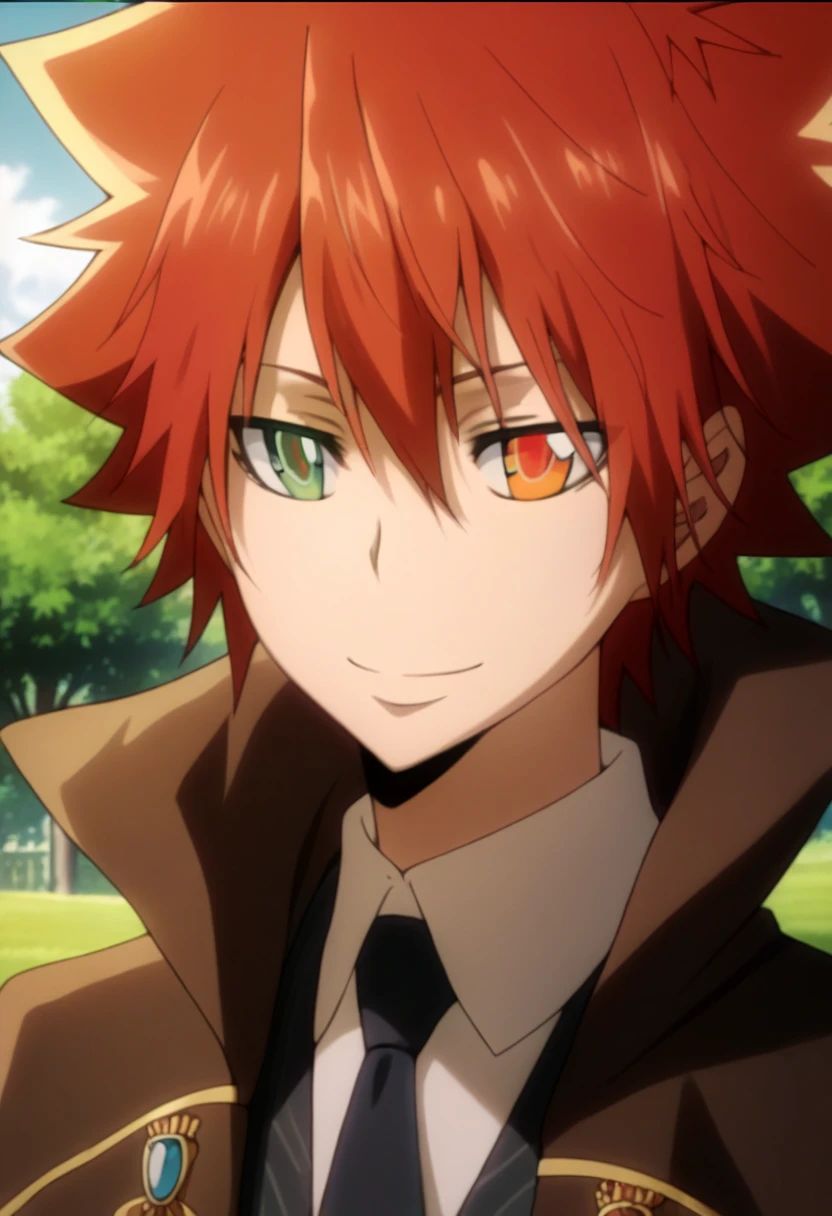 score_9, score_8_up, score_7_up, score_6_up, highly detailed, masterpiece, best quality,detailed,intricate details, amazing quality, best aesthetic, absurdres,source_anime,1 boy,tsuna_hyper,scarlet hair,heterochromia,orange eye, green eye,Long nape hair,smile