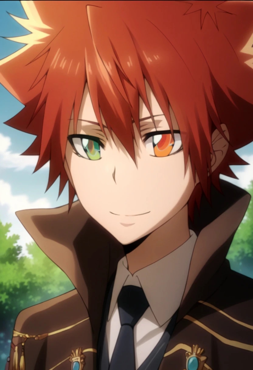 score_9, score_8_up, score_7_up, score_6_up, highly detailed, masterpiece, best quality,detailed,intricate details, amazing quality, best aesthetic, absurdres,source_anime,1 boy,tsuna_hyper,scarlet hair,heterochromia,orange eye, green eye,Long nape hair,smile