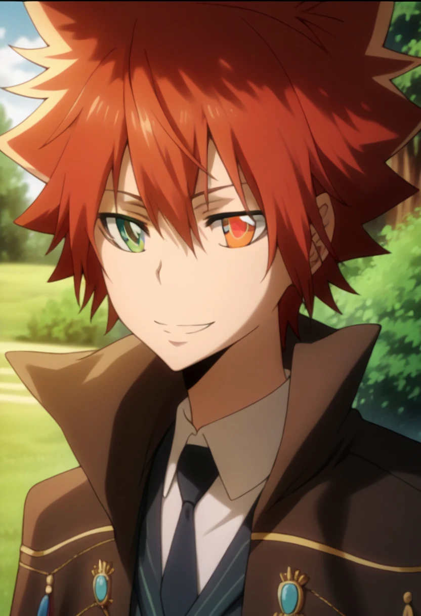 score_9, score_8_up, score_7_up, score_6_up, highly detailed, masterpiece, best quality,detailed,intricate details, amazing quality, best aesthetic, absurdres,source_anime,1 boy,tsuna_hyper,scarlet hair,heterochromia,orange eye, green eye,Long nape hair,smile