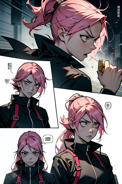 delinquent street punk in emo style clothes standing in refinery holding up the middle finger, looking at viewer, 1boy, braid, (huge ahoge:1.3), angry, closed mouth, frown, standing, torn clothes, piercings, jewelry, tattoos, finely detailed background, amazingly intricate background, incredibly absurdres, best quality