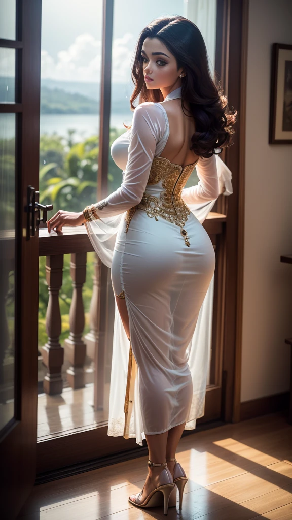 Transparent white saree, black panty, big booty, sexy looking ,dark lips red