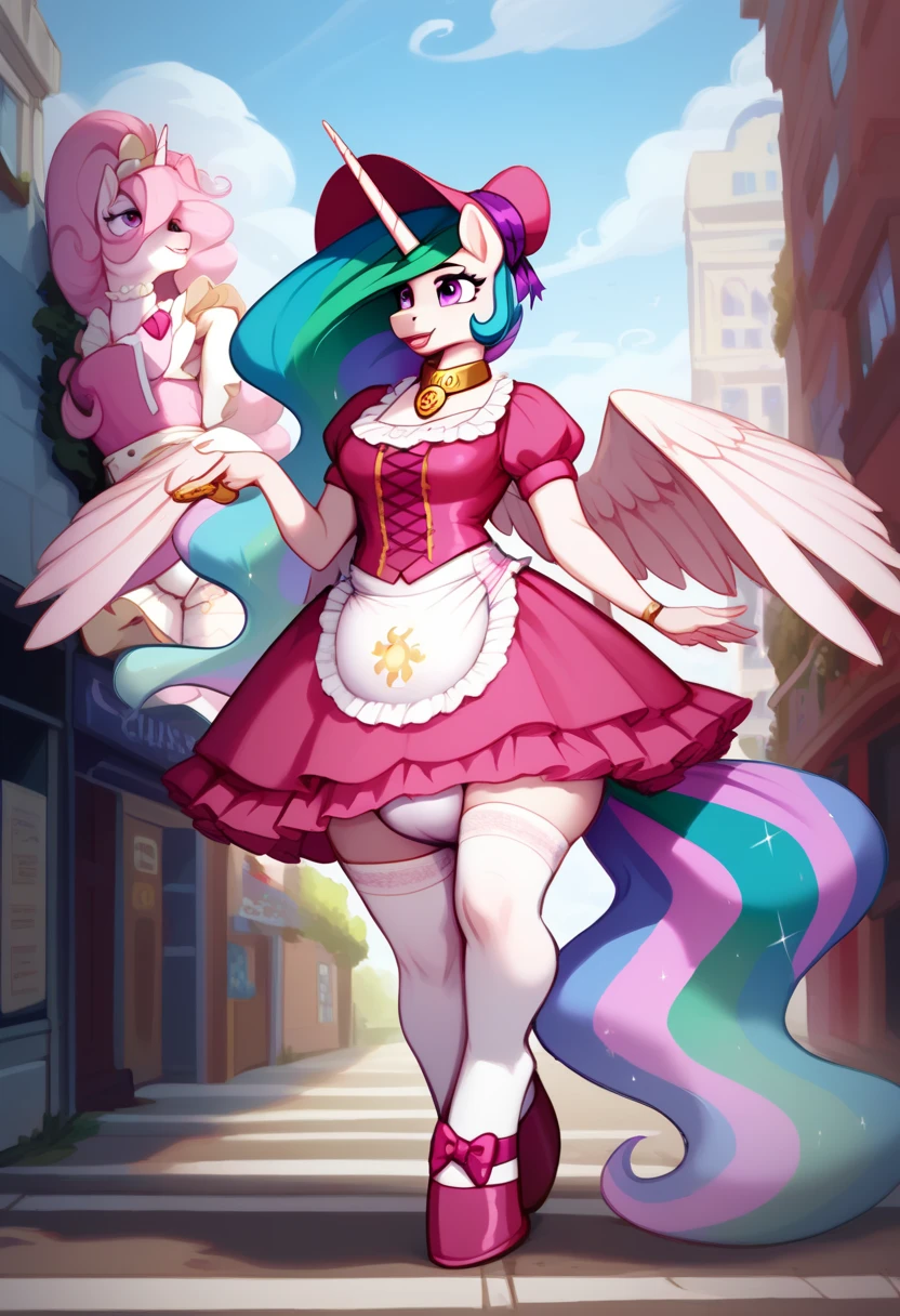 alicorn pony alone ,  adult anthropomorphic mare, Princess Celestia, , the mane is gathered in a dark pink bonnet ,  purple eyes , walks down the streets of the city, putting himself on display,  dressed in a fancy pink dress with ruffles and frills with a short skirt ,  around her neck with a white bib with gold trim on the edges with pink lettering in the middle:  x} “stupid guilty filly” ,  a steel collar with a purple tint and a bell with the tag of the upset sun under the bib,  white stockings and pink booties over hoof socks ,  big golden pacifier in the mouth with straps , thick diaper under clothes,  pink plastic panties over a diaper , solo,  simple background.