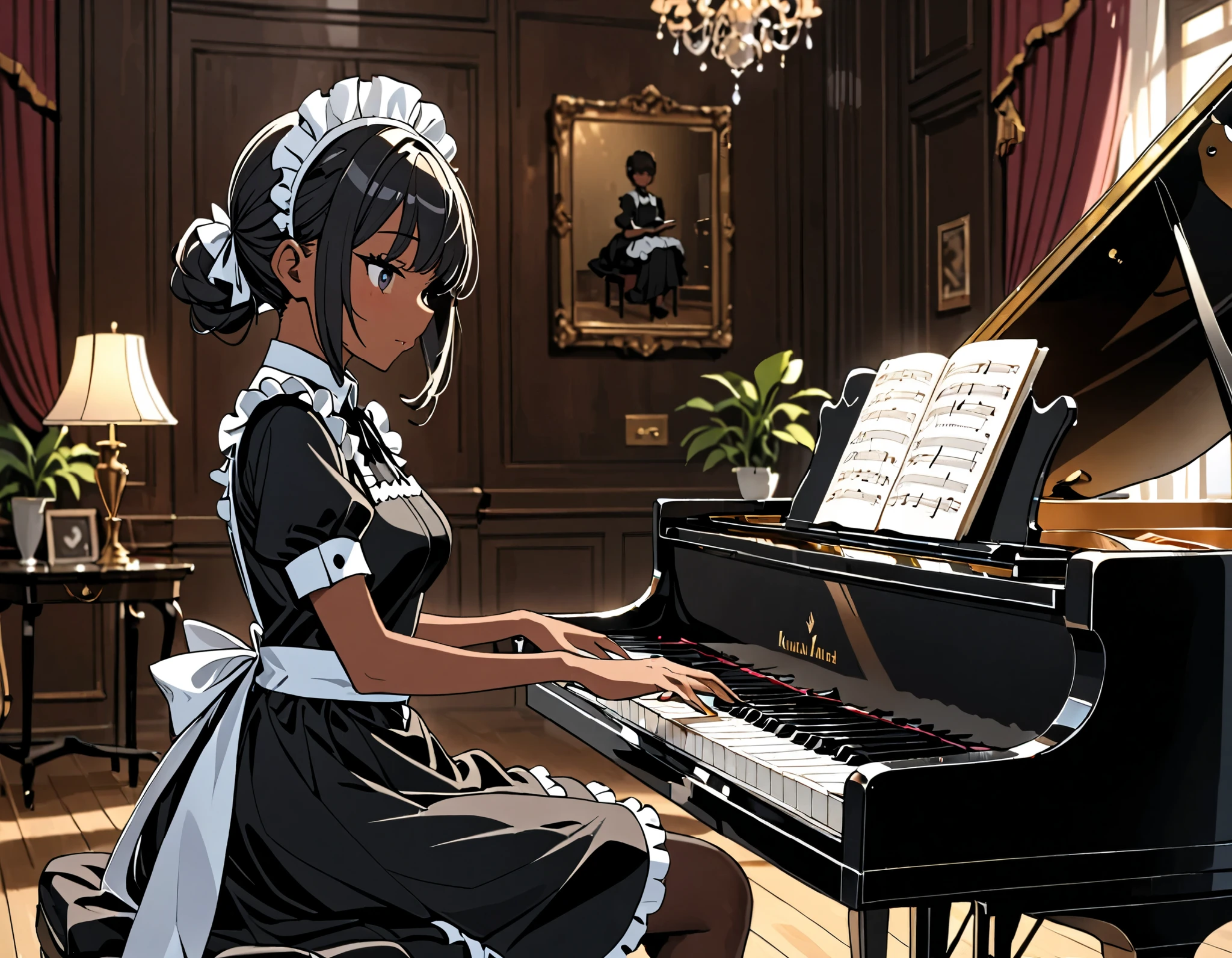 black maid playing piano