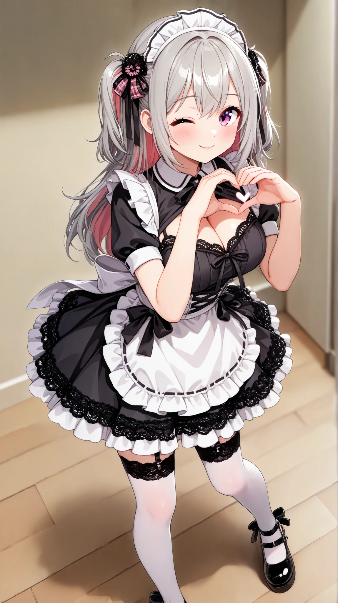 (masterpiece), (Best quality), (high resolution), (4K), (super detailed Silky skin), (beautiful detailed lips), (Dazzling eyes), ( perfect anatomy:1.2), (beautiful daughter), Alone, (large big brest), (Maid Dress), (Detailed fabric texture), (Head dress), (Tartan pattern ribbon), (detailed Lace knitting texture), (garter stockings, small ribbon, pattern), (Mary Jane Shoes), (hand heart), (idol pose), canted front angl, (whole body), long shot, (I can see her cleavage), { magenta eye :1.8}, (Eyelashes), (Thin eyebrows), (two side up hair style:1.1), (Hair Accessories), (Grey hair,multicolored hair,Magenta), (Highlighted straight Hair:1.3), (open mouth smile, blush), (wink ♡), (Lighting: Shiny Light), looking at viewer,
