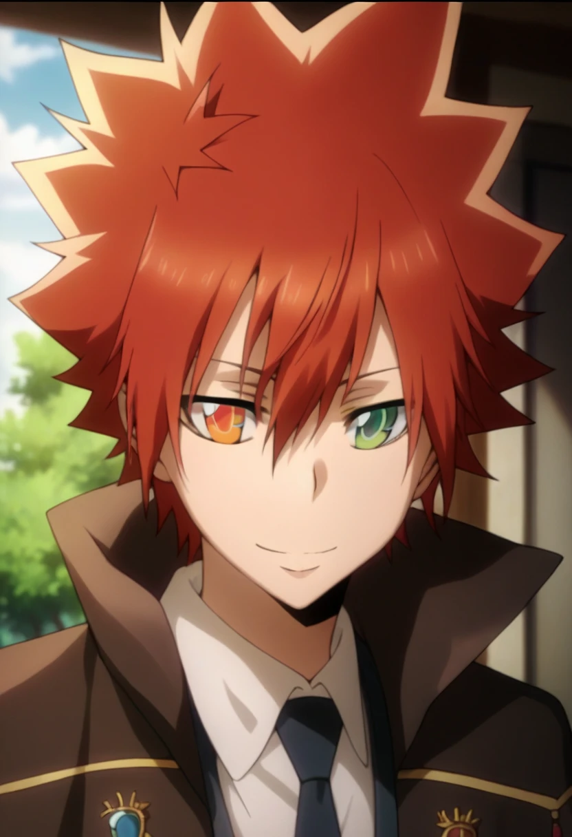 score_9, score_8_up, score_7_up, score_6_up, highly detailed, masterpiece, best quality,detailed,intricate details, amazing quality, best aesthetic, absurdres,source_anime,1 boy,tsuna_hyper,scarlet hair,heterochromia,orange eye, green eye,Long nape hair,smile