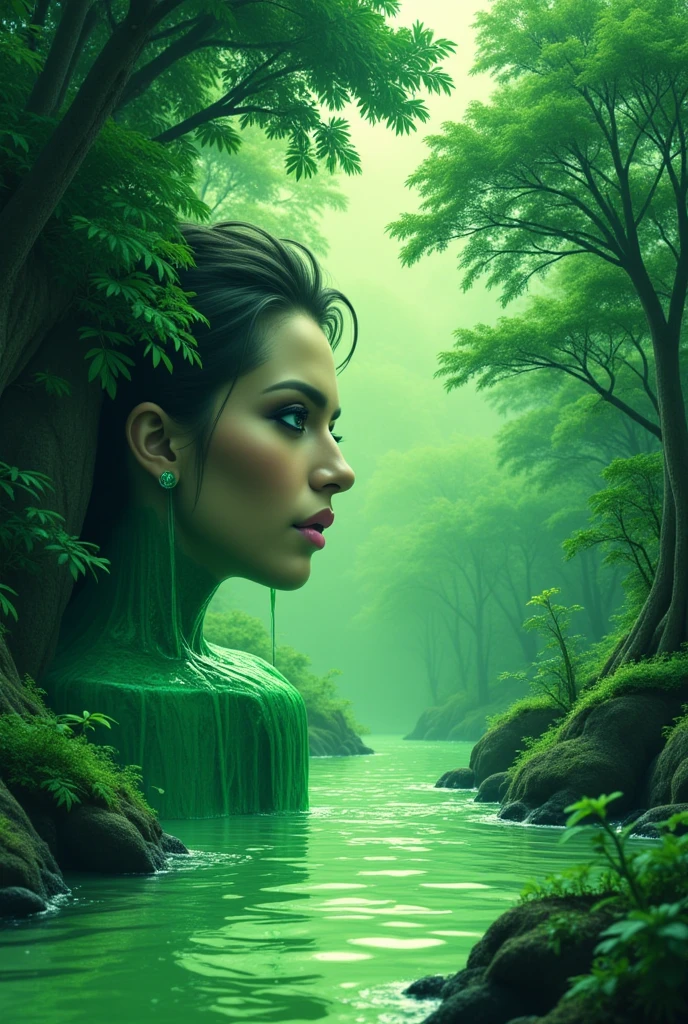 (Ultra-detailed face, looking away, Fantasy Illustration with Gothic, Ukiyo-e, Comic Art, Rich colors), 
BREAK 
(This is a world made of green acid. In the pool of acid, there is a gush of smoke and a pungent green smoke. Plants made of glass fibers suck up the acid from their roots, and the acid drips from their trunks, stems, and leaves like rain.)