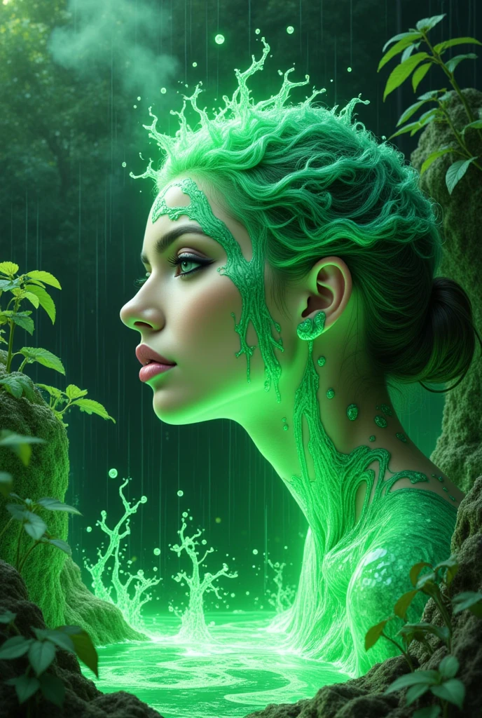 (Ultra-detailed face, looking away, Fantasy Illustration with Gothic, Ukiyo-e, Comic Art, Rich colors), 
BREAK 
(This is a world made of green acid. In the pool of acid, there is a gush of smoke and a pungent green smoke. Plants made of glass fibers suck up the acid from their roots, and the acid drips from their trunks, stems, and leaves like rain.)