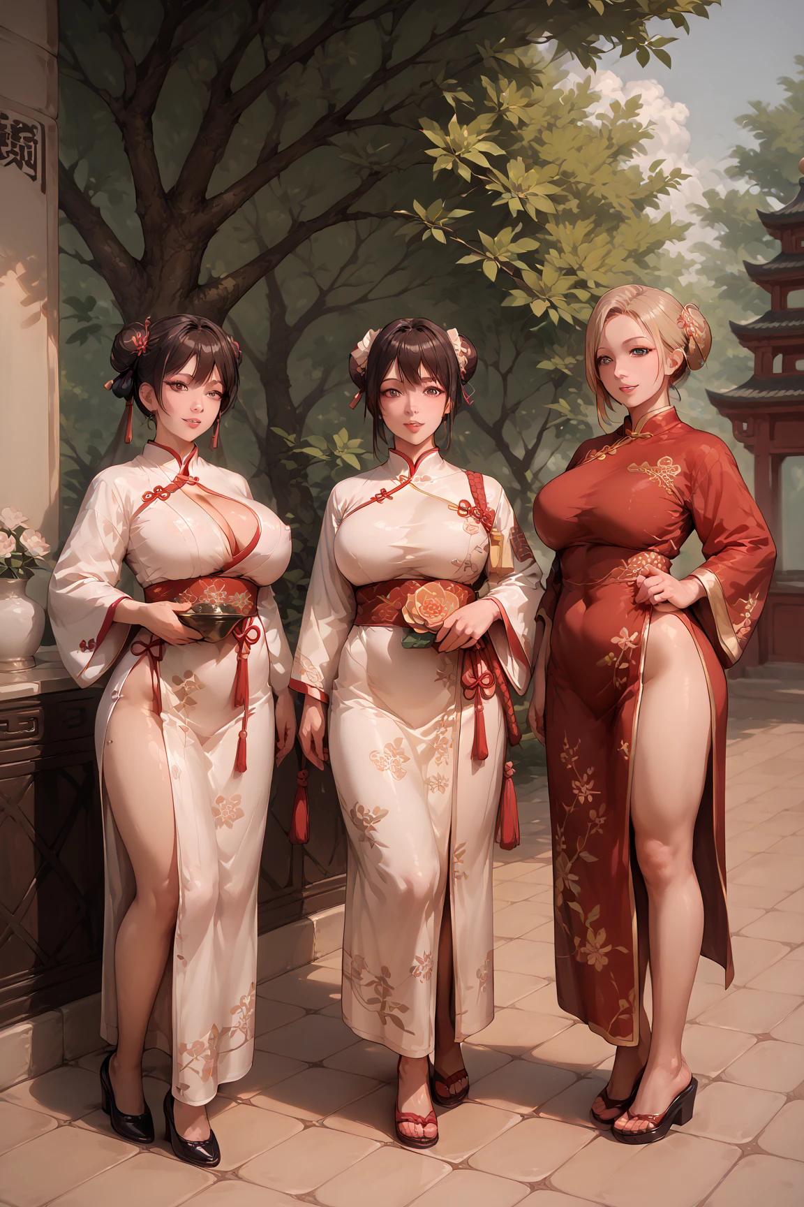  best quality , Masterpiece,  high definition, 3 girls, beautiful faces, full body,Chinese clothes,white taoist robe,Hold the sword with your right hand  ( Luxurious Decor),Peach Tree,