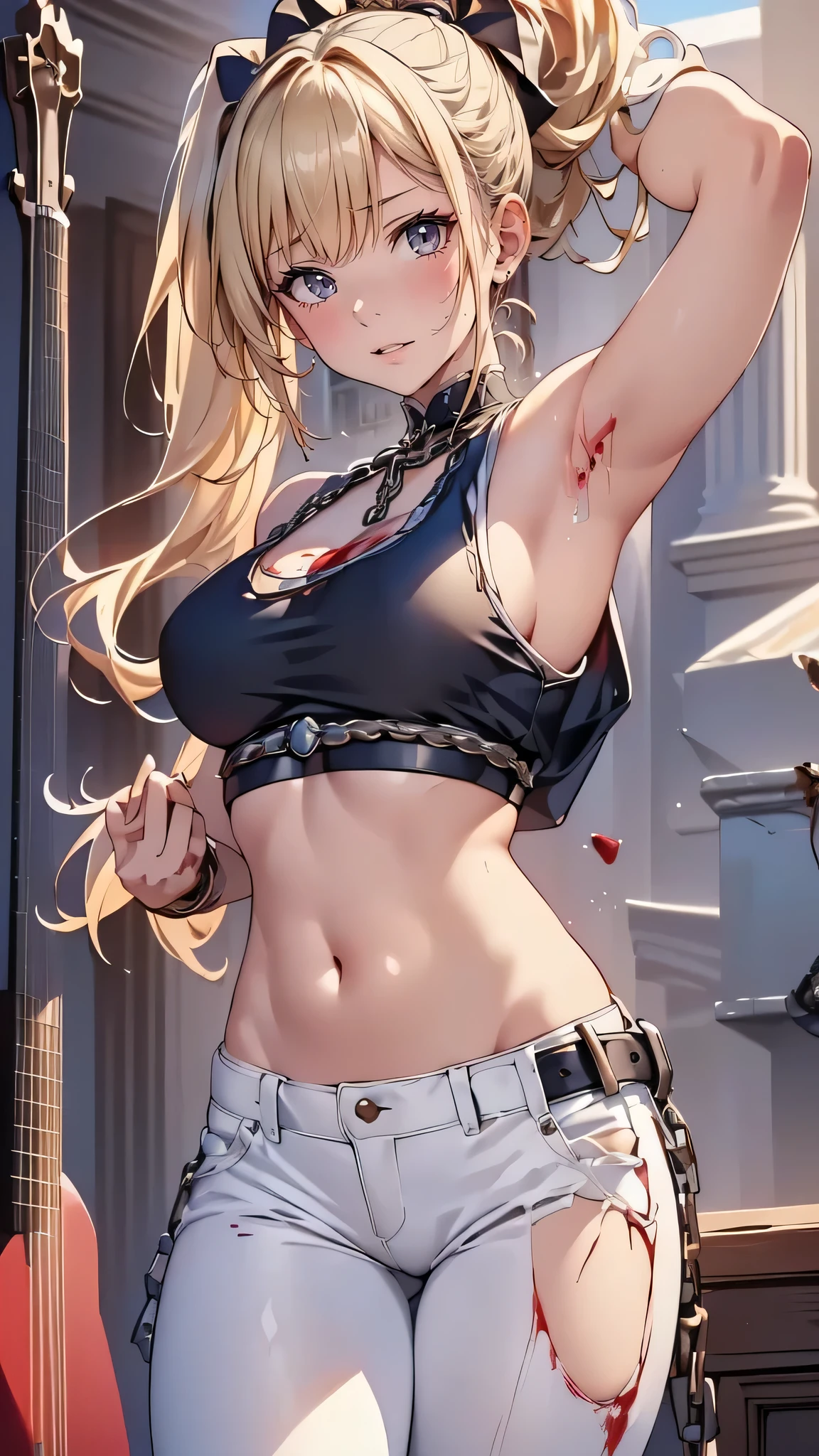 top-quality、Top image quality、​masterpiece、girl with((18year old、tatteredclothing、Black tank top、Blue jacket、White pants、Best Bust、Bust 85、a blond、disheveled ponytail、Red Eyes、open chest wide、Happiness、Return blood、Blood from the mouth、Holding a chain sickle in both hands、carrying a guitar)）hiquality、visualart、Background with((Live performance venue、knight、Combustion Renditions))、Voice bubbles(♡）