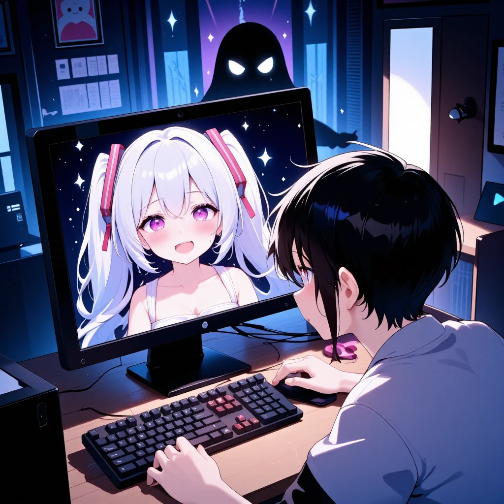 Quality: ((Best quality illustration)), (Excellent), ((Details)),
Style: Comic art, fun, humorous, crazy, horror.
dark, ominous, dimly lit room,
single scene,
boy at computer, anxious posture, leaning toward monitor,
inside monitor: twin-tailed girl (Miku-like), crying out for help, tears streaming,
dark, ghostly figure behind her, partially hidden in shadow,
tense atmosphere, unified space, emotional connection