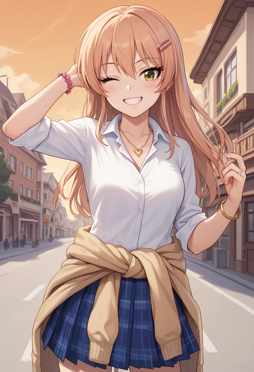 Mika Jougasaki, 1girl, solo, long hair, looking at viewer, blush, smile, hair ornament, jewelry, green eyes, school uniform, white shirt, pleated skirt, one eye closed, collared shirt, hairclip, necklace, orange hair, grin, arm up, sweater, bracelet, blue skirt, plaid skirt, ring, blue ribbon, sleeves rolled up, clothes around waist, cardigan around waist, twilight, orange sky, town, street, 