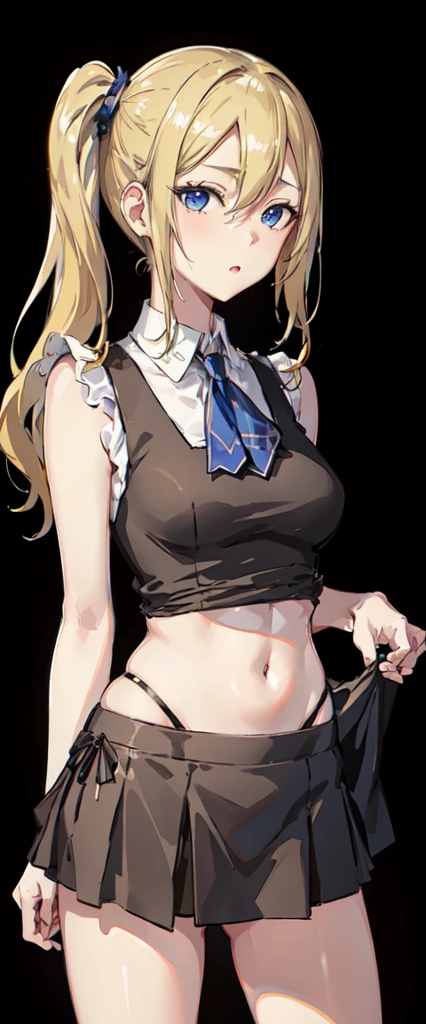 Hayasaka ai, high resolution, soft light, blue eyes, blonde hair, long hair, side ponytail, slim legs, navel, nipples, navel , short skirt, cleavage, slim waist, narrow waist, blushing