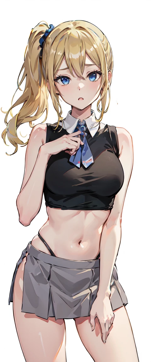 A beautiful sexy girl with a big breast, long round blonde hair, braids, her brown eye, big purple glasses, wearing a blouse, a light purple pocket with a button, tied knot, showing a navel and a blue shorts, a pocket with a black heel. 