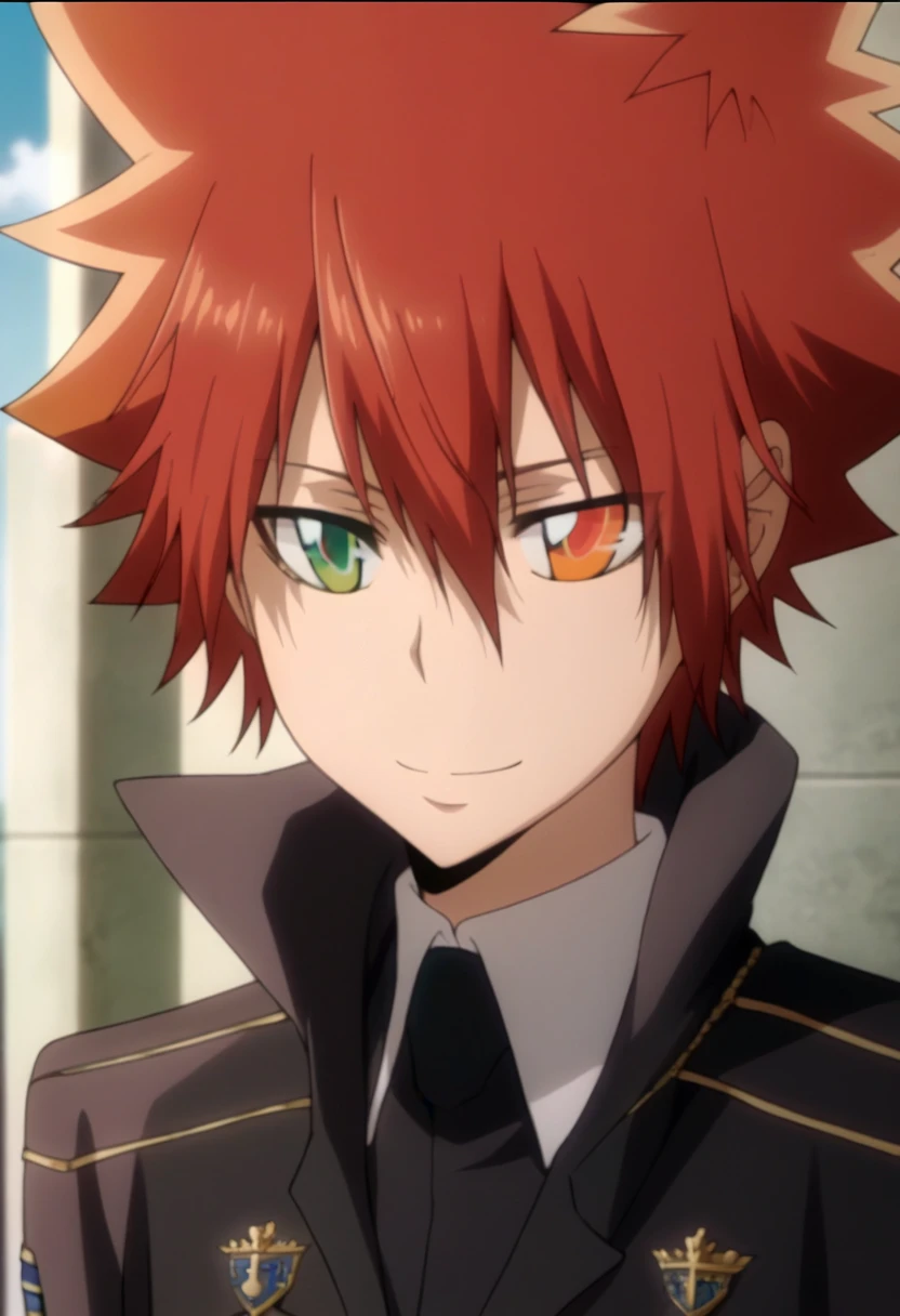 score_9, score_8_up, score_7_up, score_6_up, highly detailed, masterpiece, best quality,detailed,intricate details, amazing quality, best aesthetic, absurdres,source_anime,1 boy,tsuna_hyper,scarlet hair,heterochromia,orange eye, green eye,Long nape hair,smile,Knight-like black combat uniform