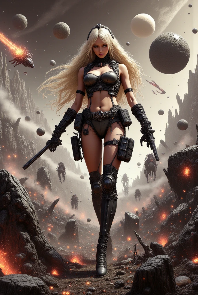 ((masterpiece, highest quality, Highest image quality, High resolution, photorealistic, Raw photo, Extremely detailed CG unified 8k wallpaper)), (huge stunning goddess shot, very hot and sexy, jaw-dropping beauty, perfect proportions, gigantic breasts), a sexy, glamorous young female soldier dressed in army uniform, in a tank top shirt, revealing, Cybertic weapons, dynamic poses, nervous expressions, mysterious planets, spacecraft that crash-landed, Alien and monsters swarming towards her, mysterious skies, giant rocks in the background, giantic monster standing in the distance