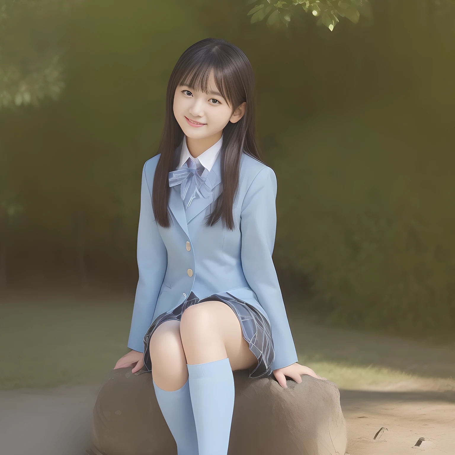 (Highest quality, masterpiece:1.5), Highest quality, High resolution, 1080P, 8k, clearly detailed, (Cover girl of girls photo magazine only for beautiful girls in Japan, Japanese slender yo beautiful-girl idol with neat school-uniform and most beautiful super-long hair: 2.0) (Super-pretty super-beautiful super-bewitching super-cute expensive school-uniform pretty slender 13 beautiful-girl idol, in supreme bliss: 1.8), (double eye lids), (very bewitching beautiful full-open lips: 1.4), (dark-blue-school-blazer with gold-emblem, super-neat dark-blue-tartan-checkered knee-length light-sky-blue-pleats-school-skirt under the blazer, super-girly plain-red ribbon on the breast, white socks, brown loafers: 1.5), (bewitching expression, smile, lips, and pose to melt the viewer's mind, everything is planned and prepared to melt the viewer into the allusion of love towards the girl: 1.2), (most clearly and carefully detailed eyes and face, plain black background: 1.2), (light-blue checkered school skirt: 1.5)