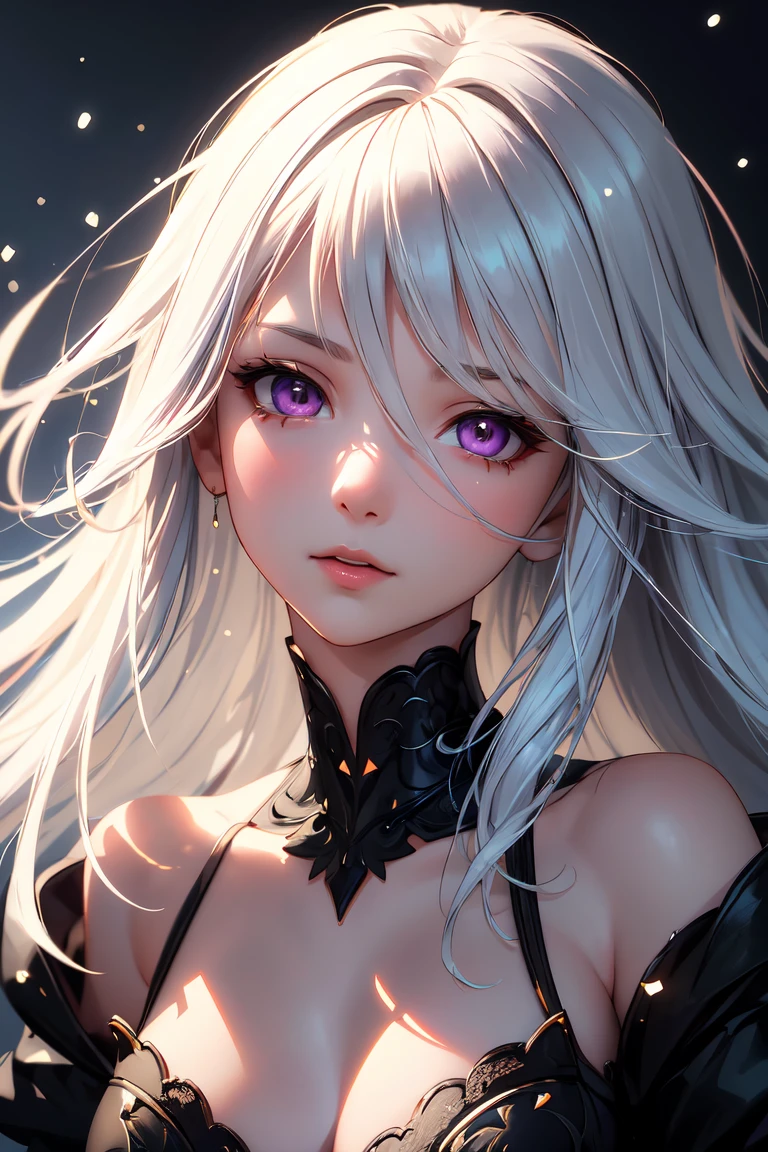 Adult girl, long white hair, high ponytail, pink eyes, bat wings, black rich dress, anger, masterpiece, high quality
