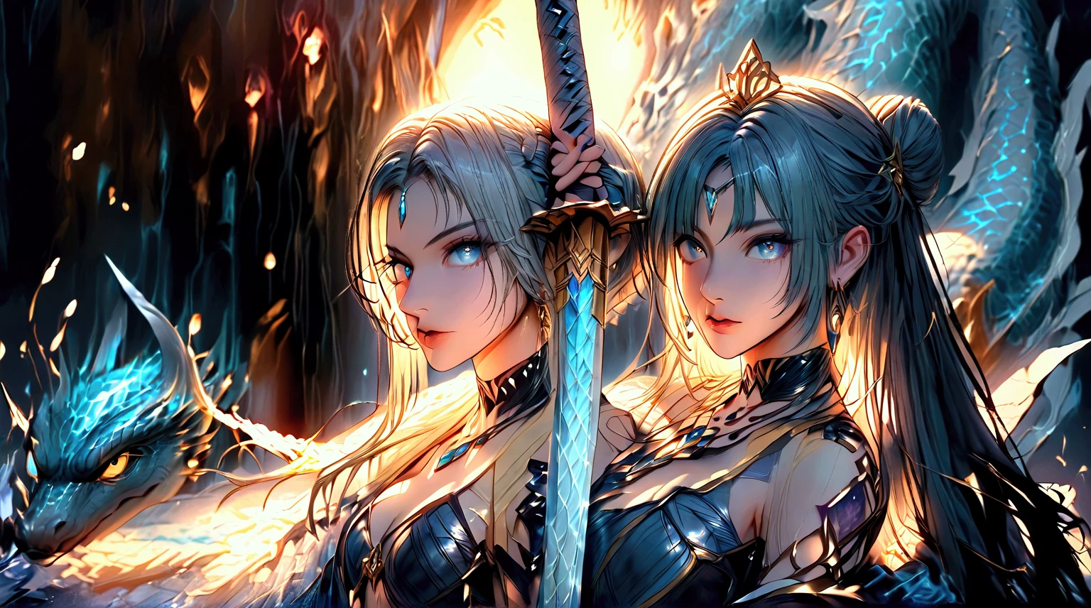 unreal-engine, super high image quality, A ruthless goddess with a sharp edge, Hold a sword in hand, Long legs are dynamically displayed, (1girl), Blue eyes shining, (silver hair:1.5+white hair+purple hair:0.8), Cute cute pet.