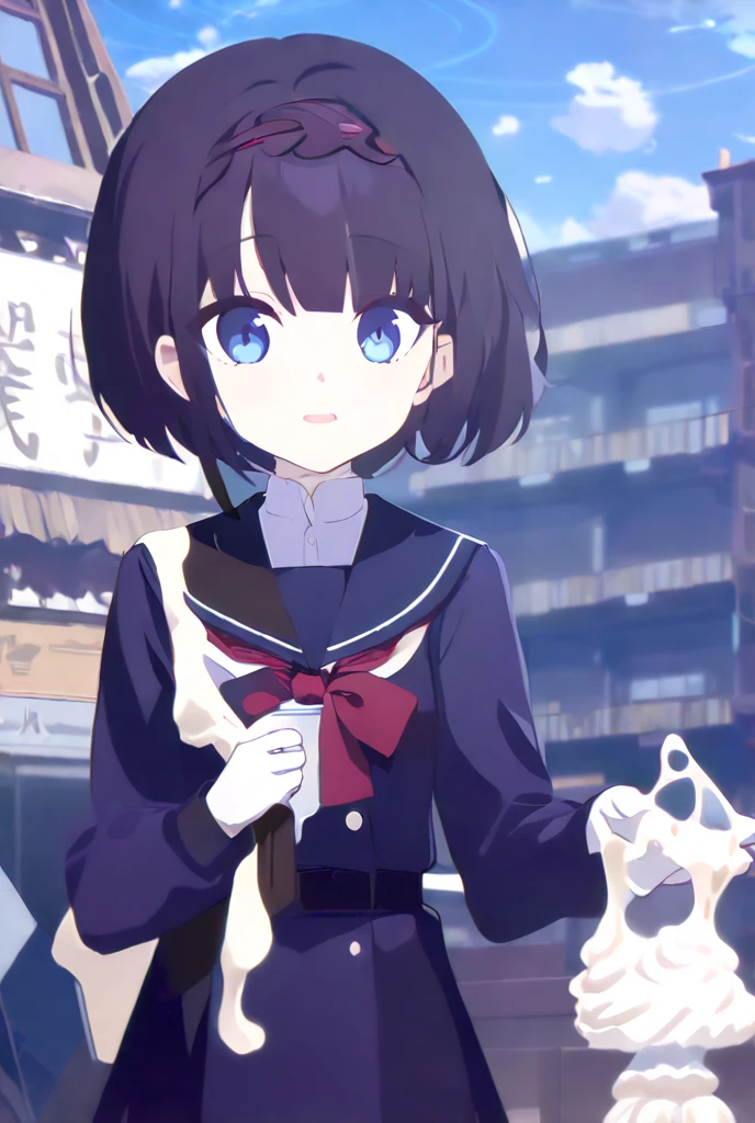 girl with short black bob hair, sky blue eyes, a purple, black and red bow tied to the side of her head, cream skin, a slender body and a petite frame.wore a dark greyish-purple sailor girl winter uniform uniform 