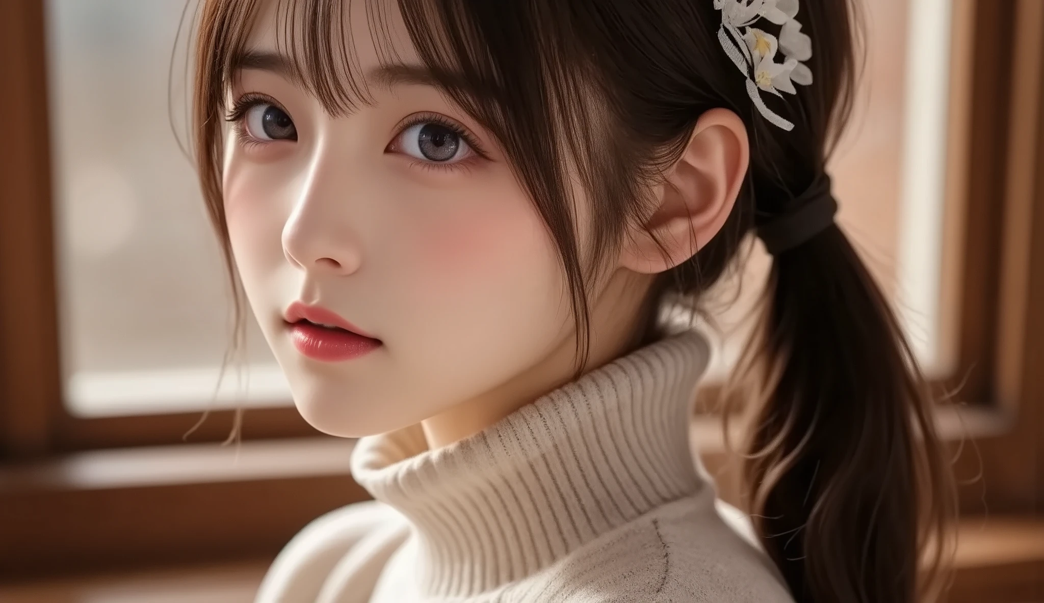 8k,   ultra high definition,  best quality , Masterpiece,rule of thirds,golden ratio, surreal,photograph, one woman,( girl :1.3), cute, cute顔, 細部まで  beautiful eyes, 細かく  Detailsに,Masterpiece,一人の girl :1.2,  Japanese Women, princess,extream close up,smile, black hair,Bowl cut,ID photo,future, luxurious and beautiful ,sunset,(( beautiful turtleneck sweater:1.5)), fancy fashion, Luxurious Decor,(BDSM Femdom),(cute girl),(Upper class woman:1.5),At dusk , Detailsな顔, charming eyes,(ポートレートphotograph:1.4),( photographのような画像 :1.4),  fantasy art,( beautiful faces:1.4),美しく charming eyes, beautiful eyes,( Thin Waist:1.4)、(Beautiful :1.4),  pink lips, profile,((( ideal body shape))),Small bust, A cup :2,、 portrait:2、  perfect anatomy、鮮明な  Details、  Details, thin lips,完璧で beautiful faces ,完璧で cute顔,   Detailsな肌 ,  Perfect Limbs 、  Thin Waist,  surreal,Light and Dark,  fashion magazine cover,backlighting