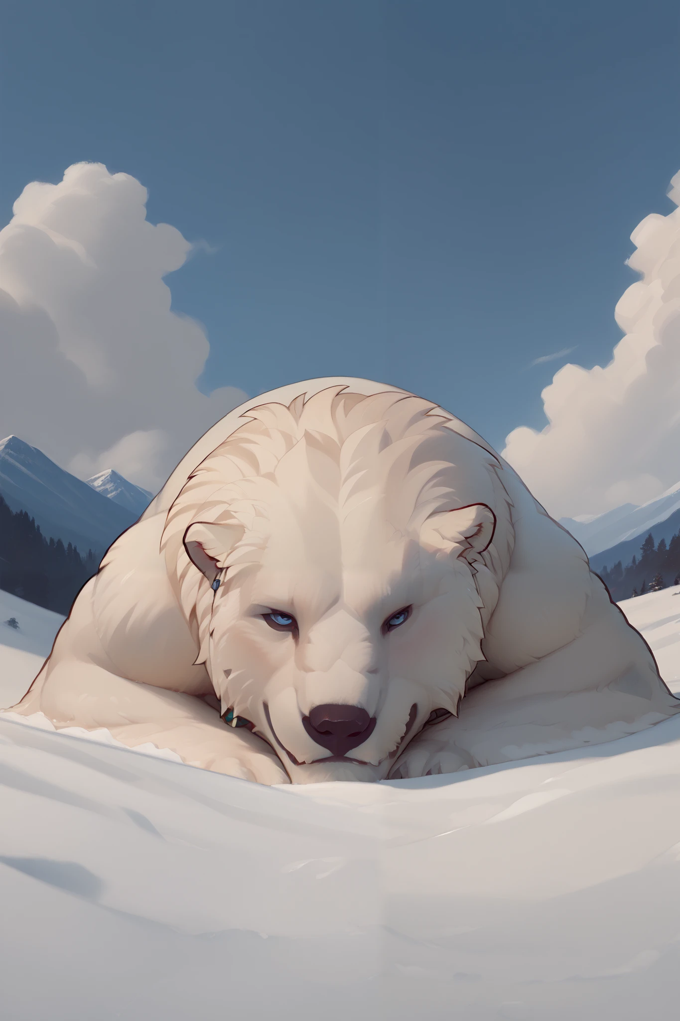 A polar bear, Lying on my stomach looking at the clouds,  he is smiling and enjoying the beauty of nature. your hair is navy blue and your body is not defined