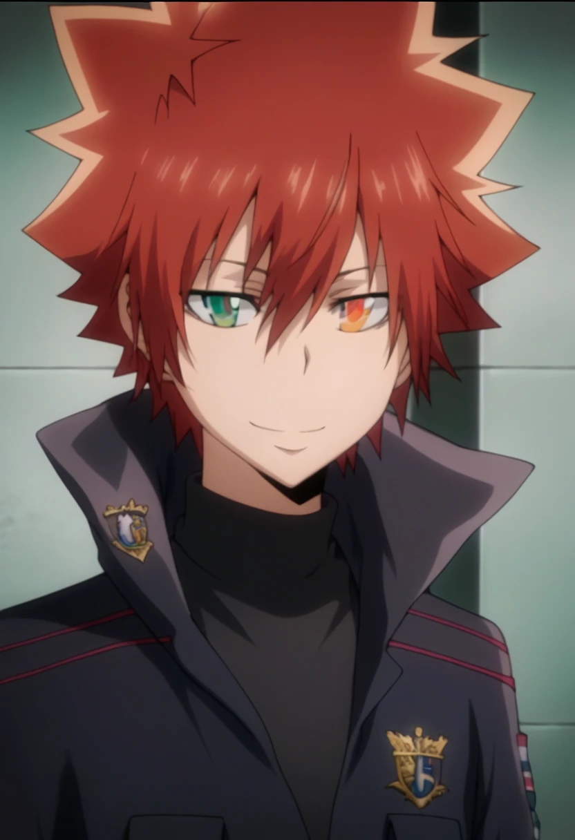 score_9, score_8_up, score_7_up, score_6_up, highly detailed, masterpiece, best quality,detailed,intricate details, amazing quality, best aesthetic, absurdres,source_anime,1 boy,tsuna_hyper,scarlet hair,heterochromia,orange eye, green eye,Long nape hair,smile,black combat uniform